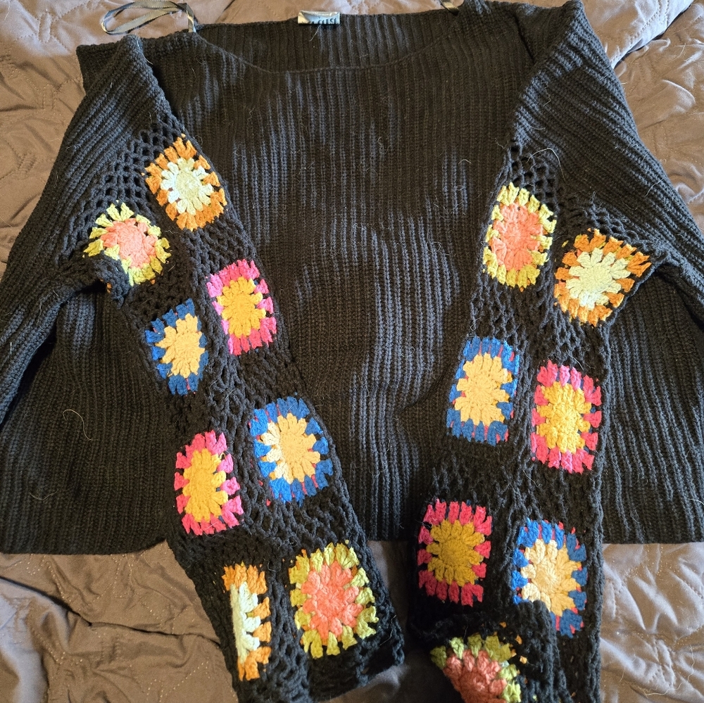 ARULA Black Sweater with Colorful Crochet Accents